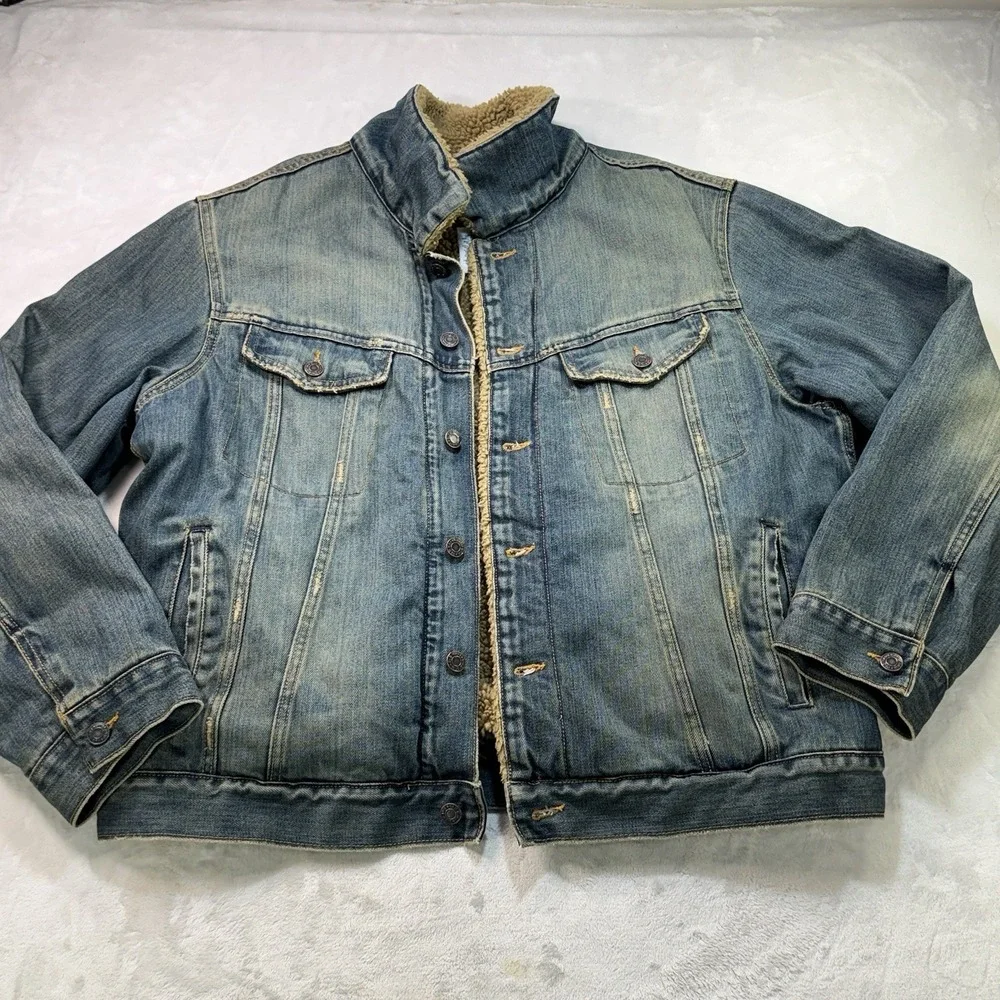 Old Navy Denim Sherpa Trucker Jacket Men's L Blue Jean Fleece Lined Western